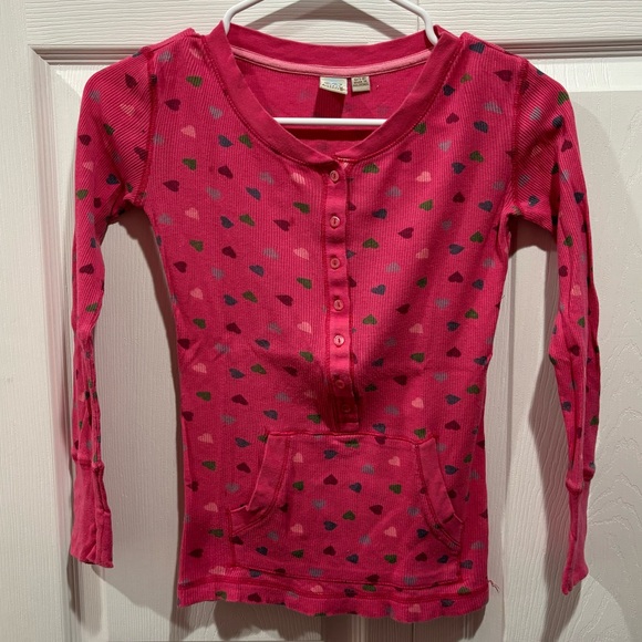 SO Girl’s Heart Print Button Down V Neck Long Sleeve Shirt Top -pink size S(7/8) - Picture 1 of 3